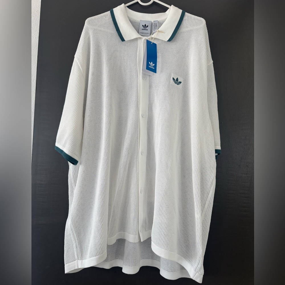 NWT Adidas Originals Knit Button-Down Shirt - White/Green - Size XL - Picture 3 of 6